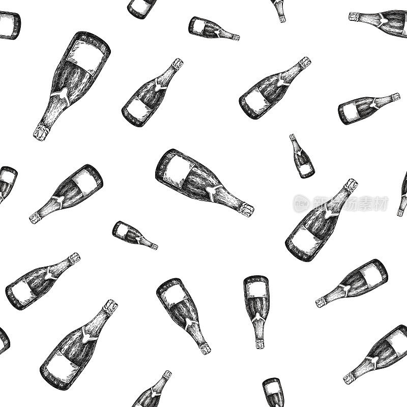 香槟酒瓶无缝图案。手绘孤立矢量插图。酒精