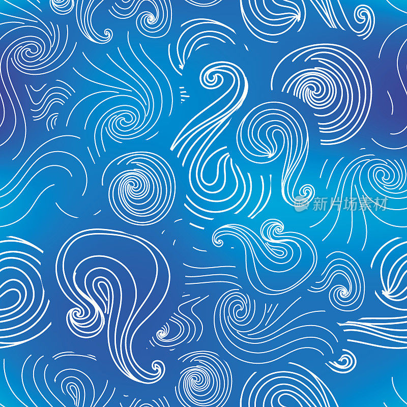 抽象背景与白色漩涡在蓝色，海洋无缝模式
