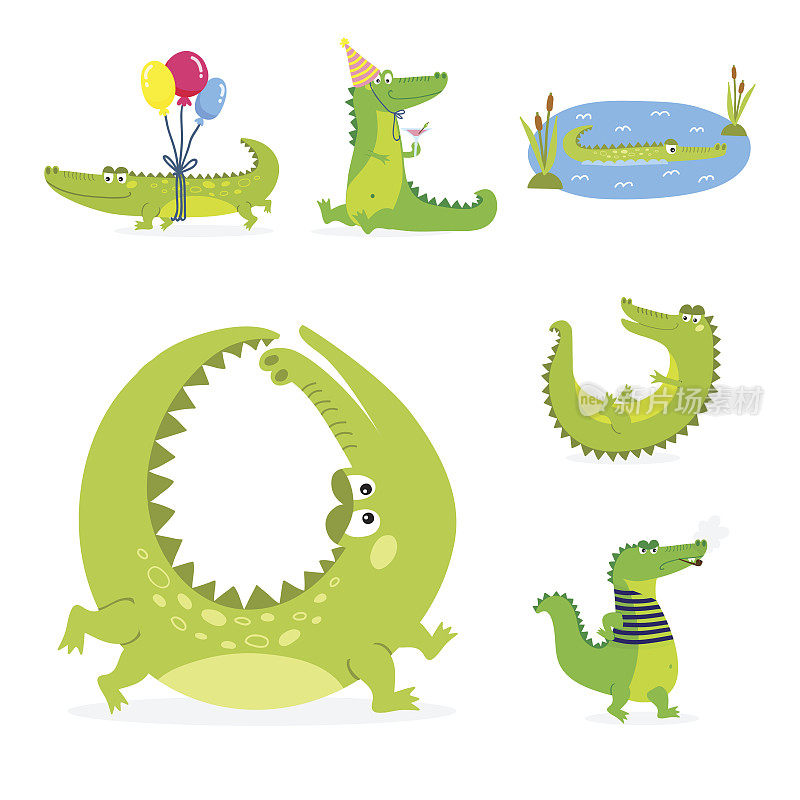 卡通绿色鳄鱼有趣的捕食者澳大利亚野生动物河流爬行动物短吻鳄平面矢量插图