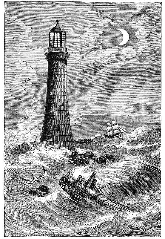 维多利亚插图埃迪斯通灯塔在波涛汹涌的海上与帆船
