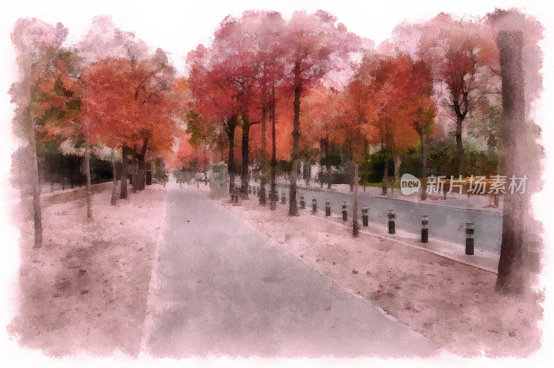 秋季巴黎街道在纳伊区苏尔塞纳河