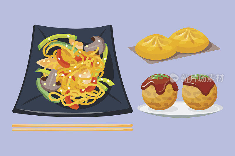 寿司日本料理传统食物平面健康美食图标和东方餐厅米饭亚洲餐盘文化卷矢量插画