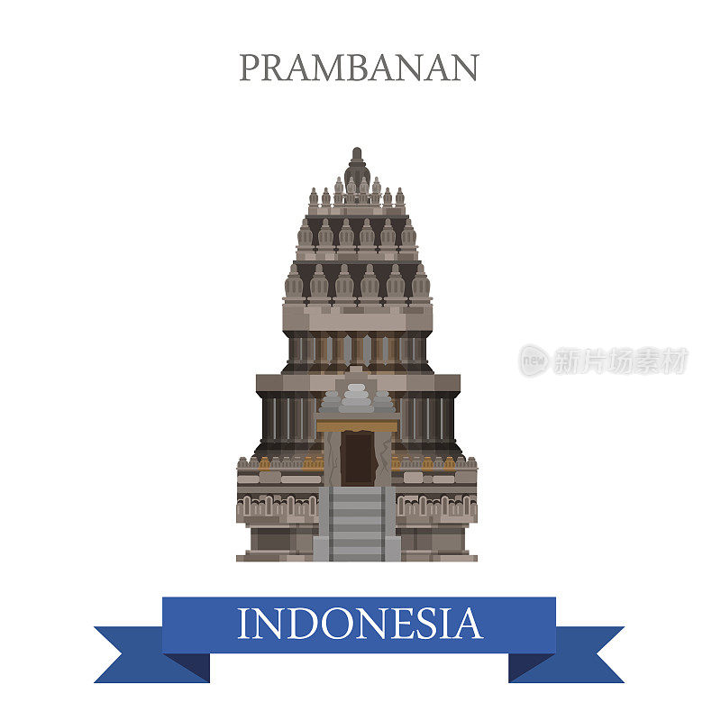 印尼的普兰巴南印度教寺庙。平面卡通风格的历史景点展示景点网站矢量插图。世界各国城市度假旅游观光亚洲收藏。