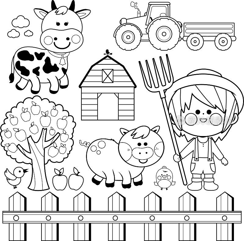 农夫男孩和动物收藏。黑白涂色书页