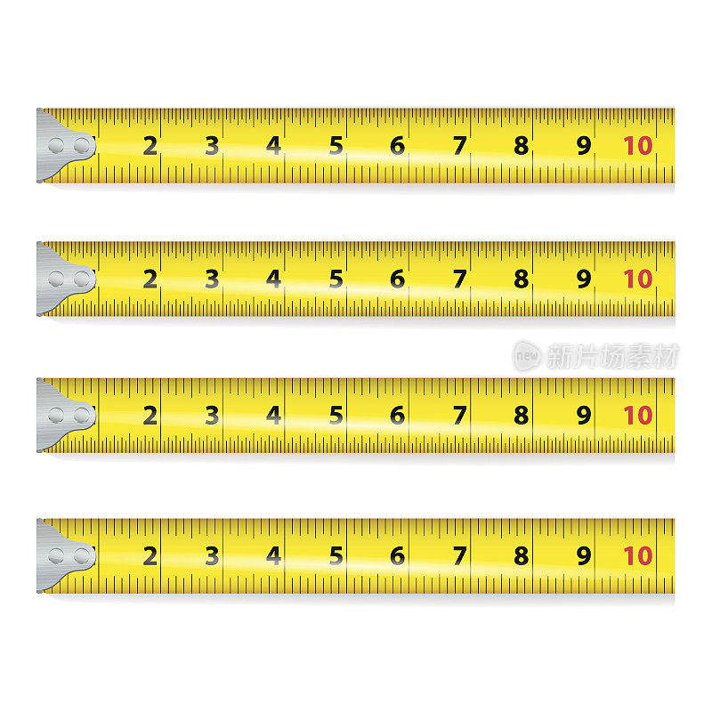 黄色测量带向量。厘米和英寸。测量工具设备插图孤立在白色背景。几种变体，比例缩放