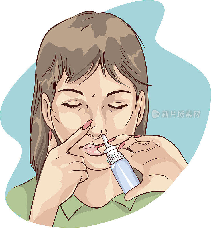 矢量插图的妇女使用鼻腔喷雾剂药物