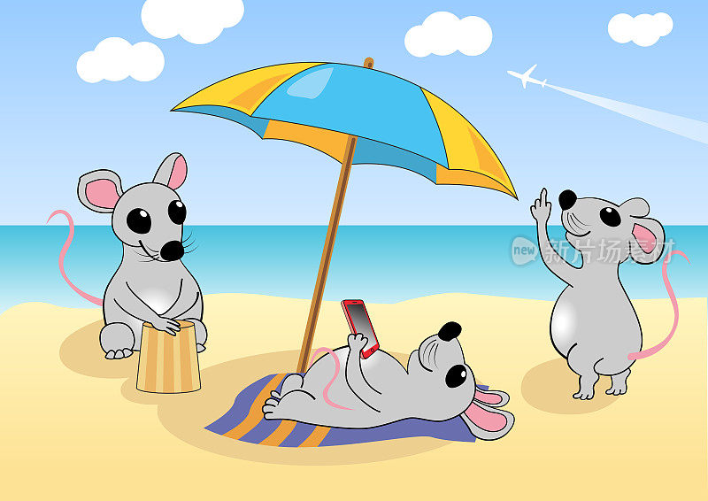 老鼠们正在海边的海滩上休息。矢量图
