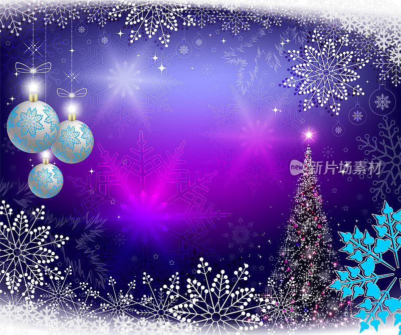 圣诞蓝色背景与圣诞树和球