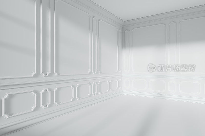 空的白色房间角落与古典风格的装饰墙上