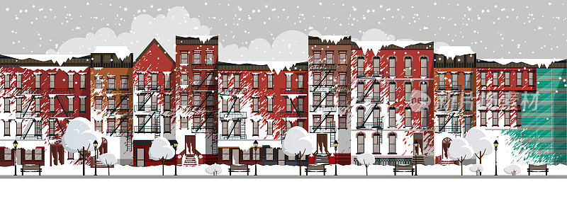 矢量艺术冻结的城市场景。在一场暴风雪中，布鲁克林的街道被雪覆盖