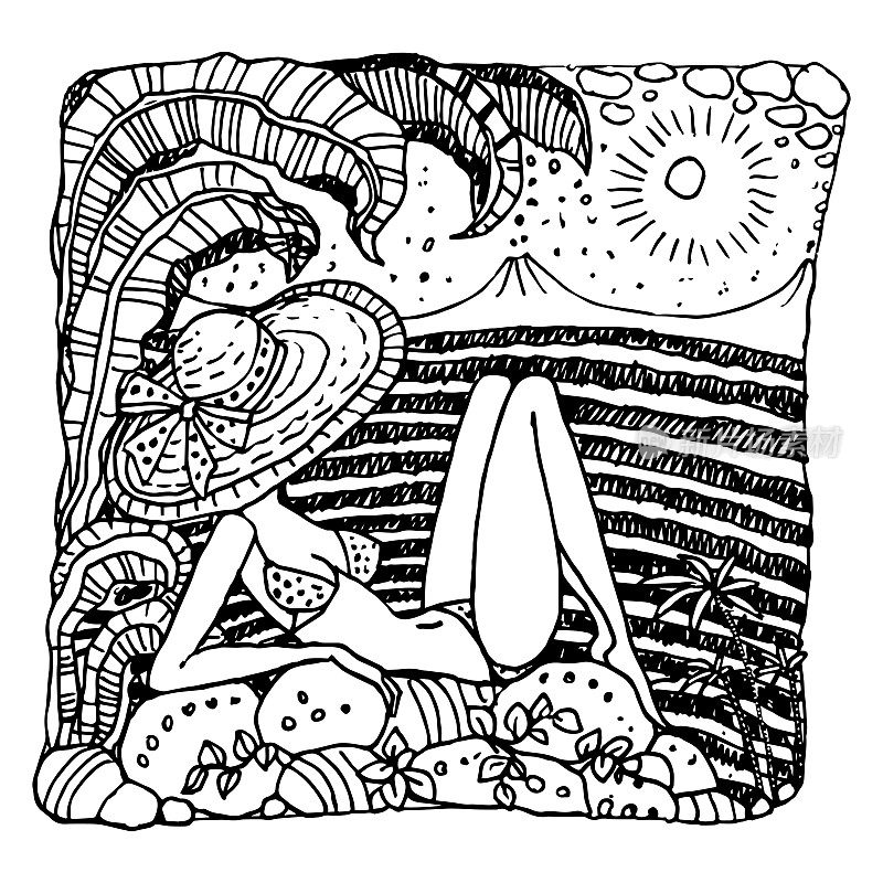 矢量抽象黑白涂鸦素描。手绘幻想夏威夷风景与年轻的日光浴女子在比基尼泳装和草帽，棕榈树，海浪，仙子叶与木槿花，火山在地平线上。波普艺术风格的古董车