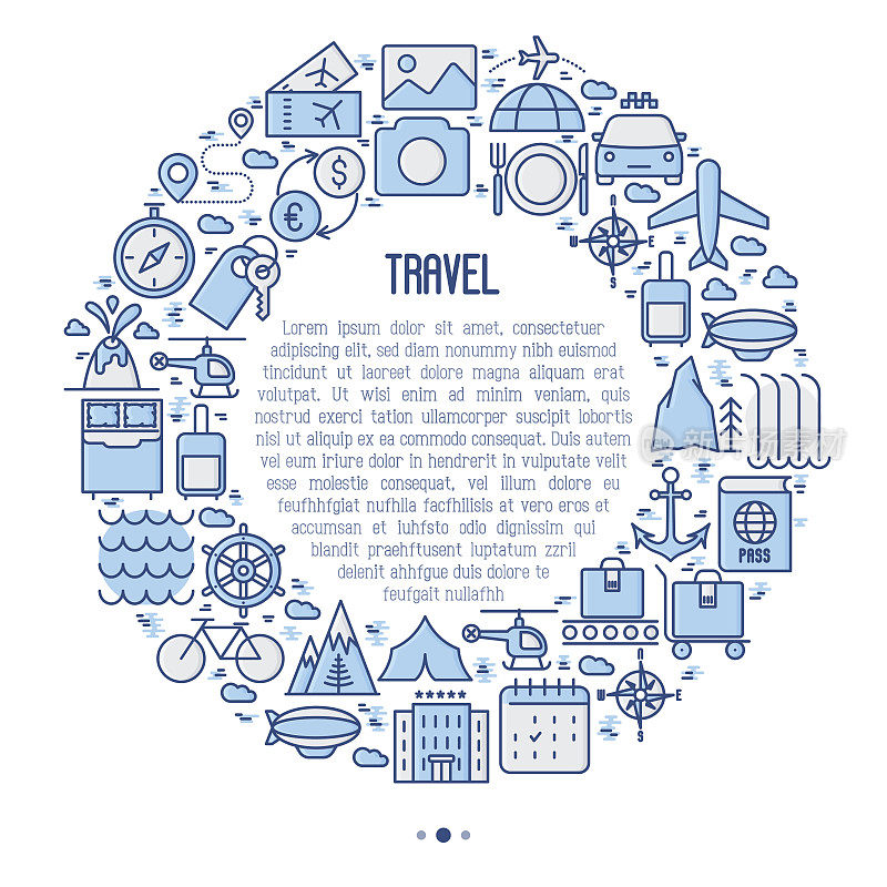 旅游和度假概念与细线图标圈:飞机，机票，酒店，景点和地方的文字。矢量插图的旗帜，网页，印刷媒体。