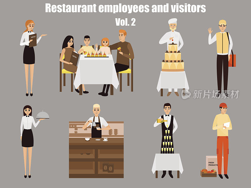 餐厅员工卡通形象。人们孤立地在餐馆工作。一家人在咖啡馆吃饭。矢量插图在平面风格设计