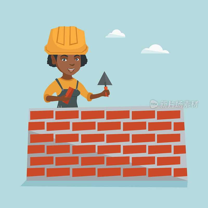 年轻的非洲砖匠正在砌砖墙