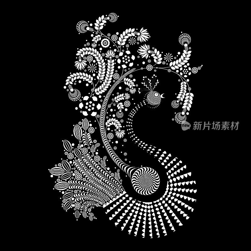 极具装饰性的公鸡，由花卉元素制成。中国传统2017年新年装饰生肖。象征中国新年生肖的设计。火红的鸟公鸡用花朵做成图案。
