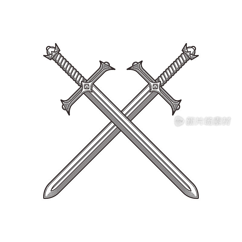 两把交叉的古剑。直线艺术矢量插图。