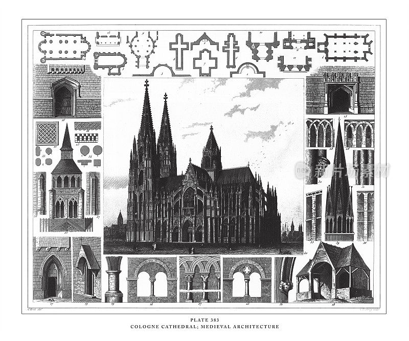 科隆大教堂;中世纪建筑雕刻古董插图，出版于1851年