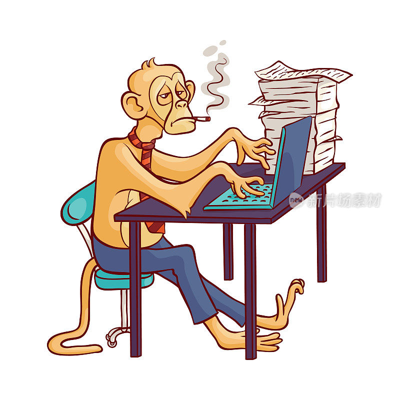 疲惫的猴子穿着商务裤，打着领带，抽着烟坐在办公桌前，用笔记本电脑工作。