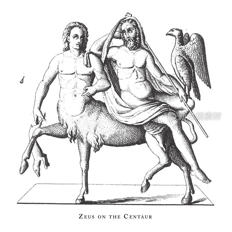 半人马座上的宙斯，古典神灵和神话人物雕刻古董插图，出版于1851年
