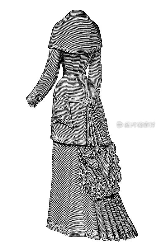 维多利亚时代的时尚女性，深灰色面料的英国服装