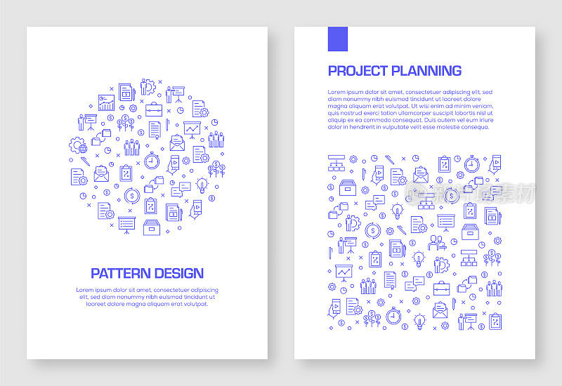 一套项目规划图标矢量图案设计手册，年度报告，书籍封面。