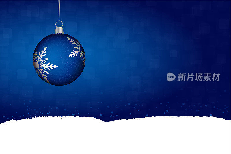 水平矢量插图的一个创造性的深蓝色背景与一个创造性的圣诞小玩意悬挂从顶部与白色的雪在底部边缘