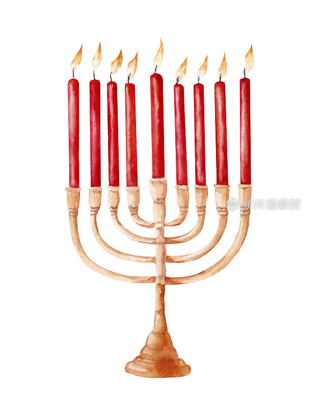 传统的犹太烛台上有九根点燃的蜡烛