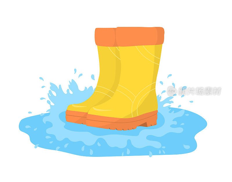 黄色胶靴在水坑里溅起水花。矢量插图。
