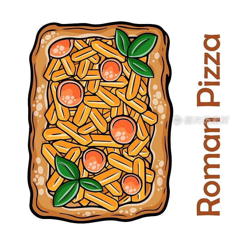 披萨配维也纳香肠，薯条，马苏里拉奶酪，芝士酱，香蒜酱。白色背景的长方形罗马披萨