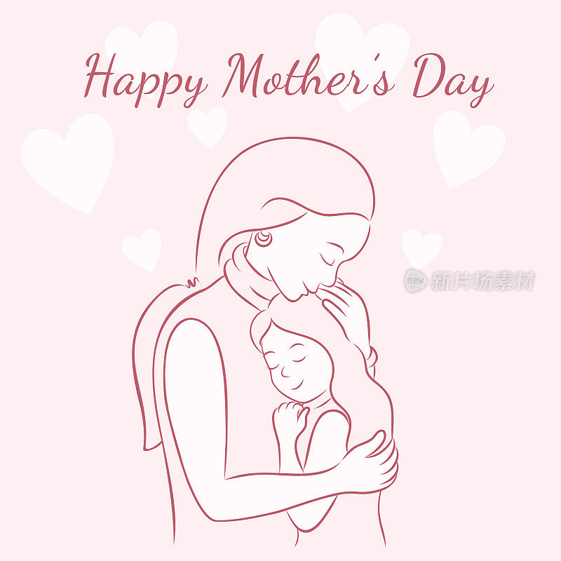 粉红色的可爱贺卡。可爱的妈妈抱着她的小女儿。妈妈拥抱着她的孩子。母亲的概念。国际母亲节。矢量插图素描手绘风格