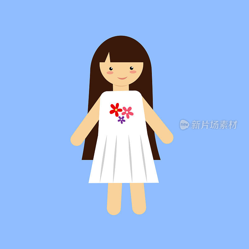 小女孩穿着白裙子，手里拿着一束花。