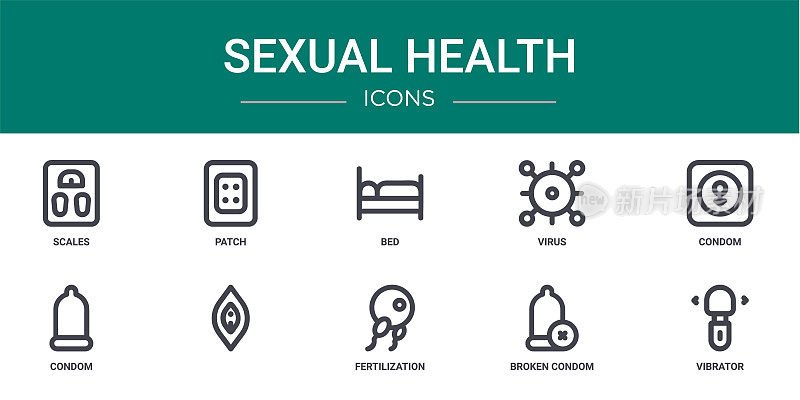 一套10概述网络性健康图标，如鳞片，补丁，床，病毒，避孕套，避孕套，矢量图标报告，演示，图表，网页设计，移动应用程序
