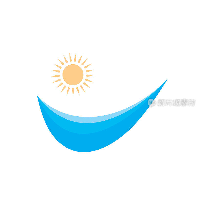 太阳和海浪标志，海滩海浪，极简主义和简单的现代概念与平面颜色设计模板插图向量