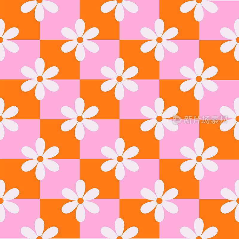 白色花朵上的粉红色和橙色方格无缝图案