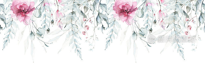 水彩画花框。用蓝色和粉红色的树枝、小枝、树叶和玫瑰花排列。