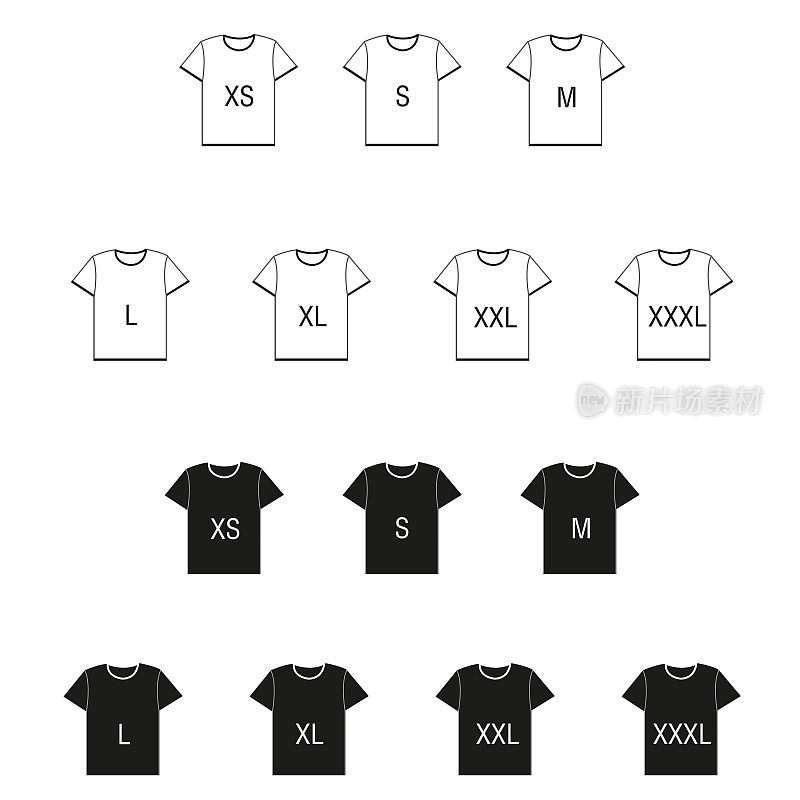 黑白相间的t恤，在白色的背景上有不同的尺寸