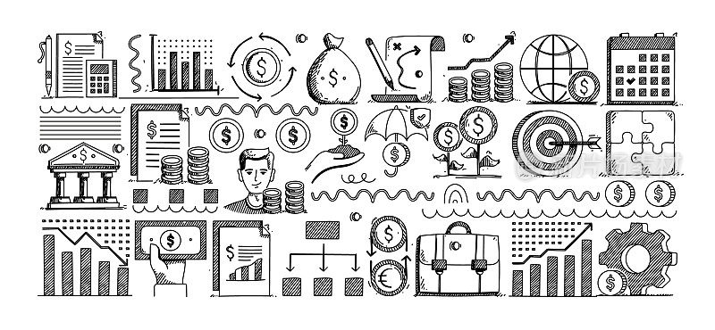 商业和金融手绘矢量涂鸦线图标集