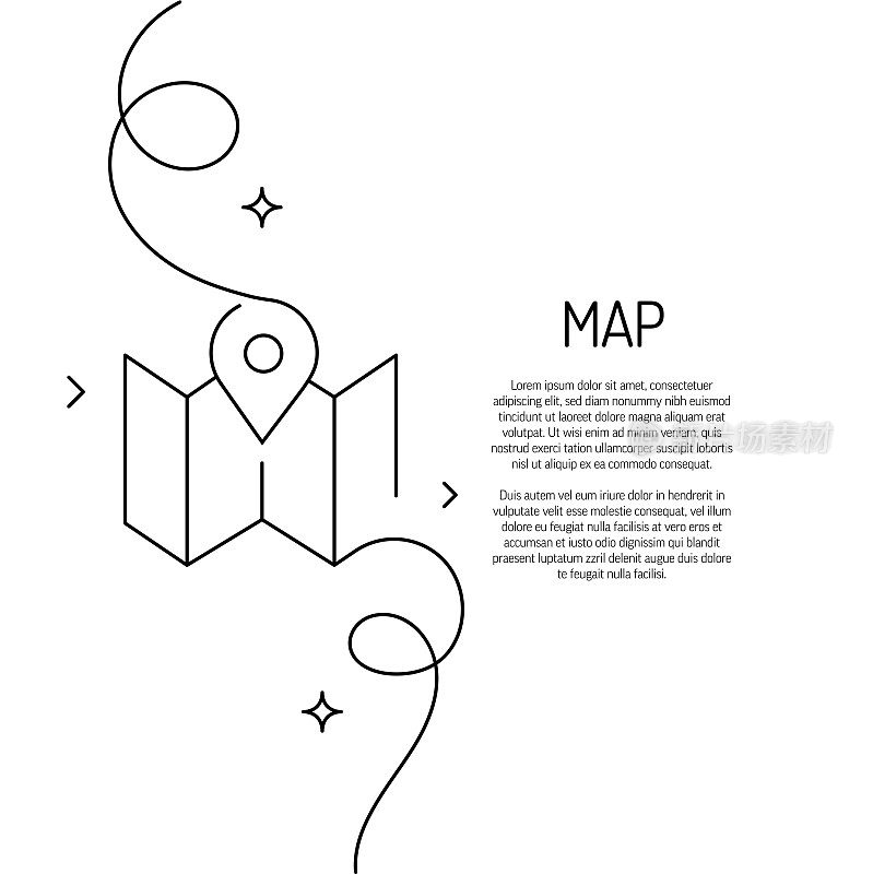 连续线绘制地图图标。手绘符号矢量插图。