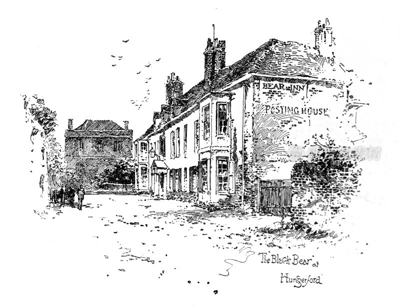 维多利亚时代的插图《伯克郡亨格福德的黑熊》;历史性指导旅馆;赫伯特Railton艺术家。