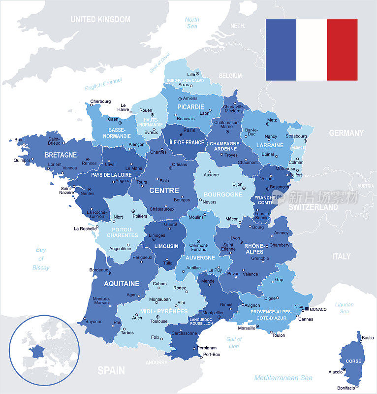 法国-地图和旗帜-插图