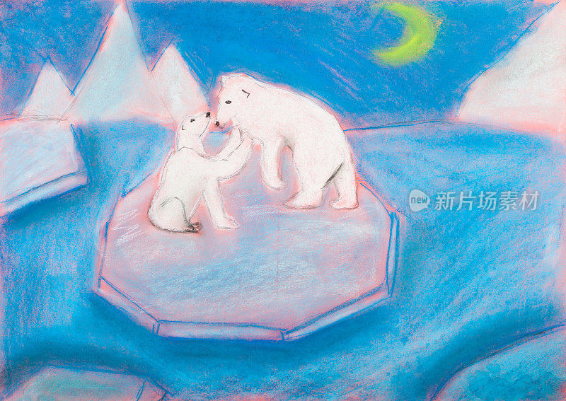 孩子们在浮冰上画一只带着幼崽的熊