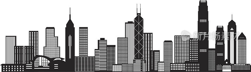 香港城市天际线黑白矢量插图