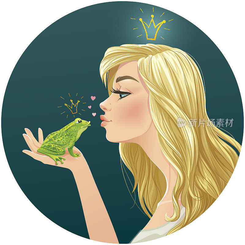 美丽的金发公主吻一只青蛙