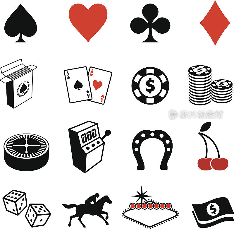 赌博，扑克和拉斯维加斯黑白图标设置