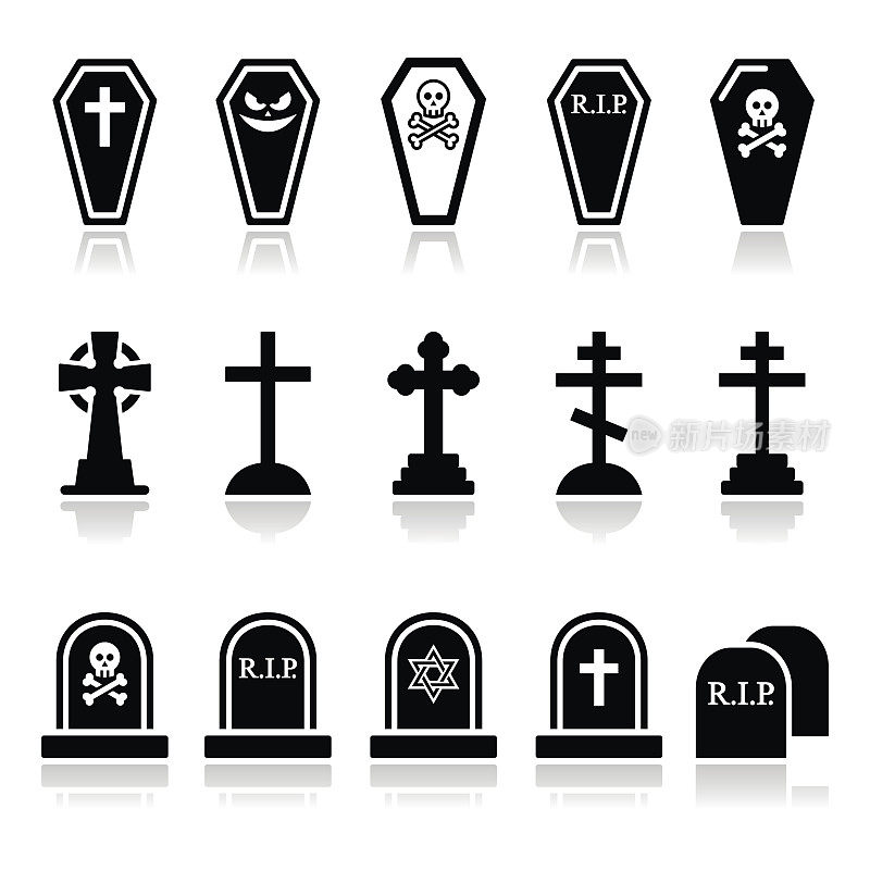 万圣节，墓地的图标设置-棺材，十字架，坟墓