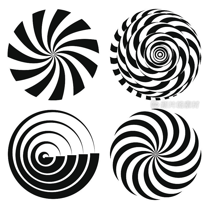 径向螺旋射线集。向量迷幻插图。扭曲的旋转效应。旋转单色的形状。黑白漩涡背景。黑白催眠。光艺术插图