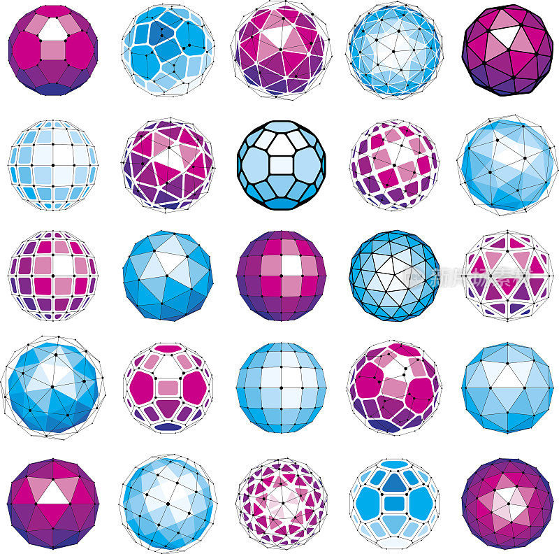 集向量维线框低多边形对象，球面面形状与网格。三维网格元素采集技术可作为工程设计形式。
