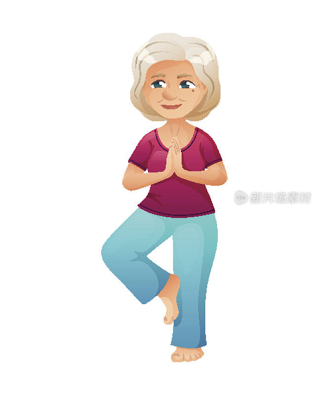 矢量插图的一个老活跃的女士，谁是穿着一件运动服。她在做瑜伽