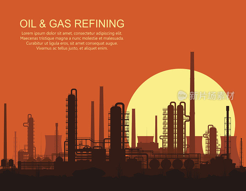 日落时分的石油和天然气炼油厂。矢量插图。