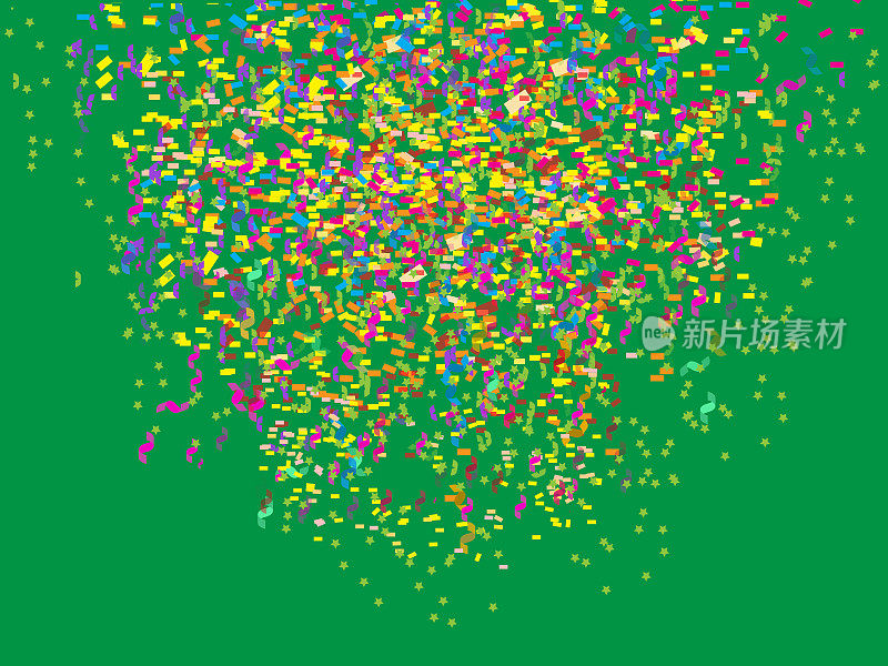 许多五颜六色的小碎纸散落在绿色的背景上。五彩纸屑爆炸。